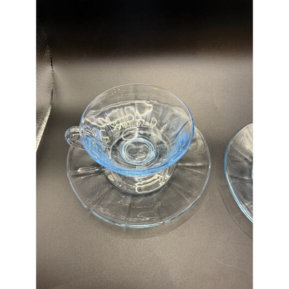 Fostoria Vintage Fairfax Azure Blue Cups & Saucers Set of 2 - Picture 3 of 6